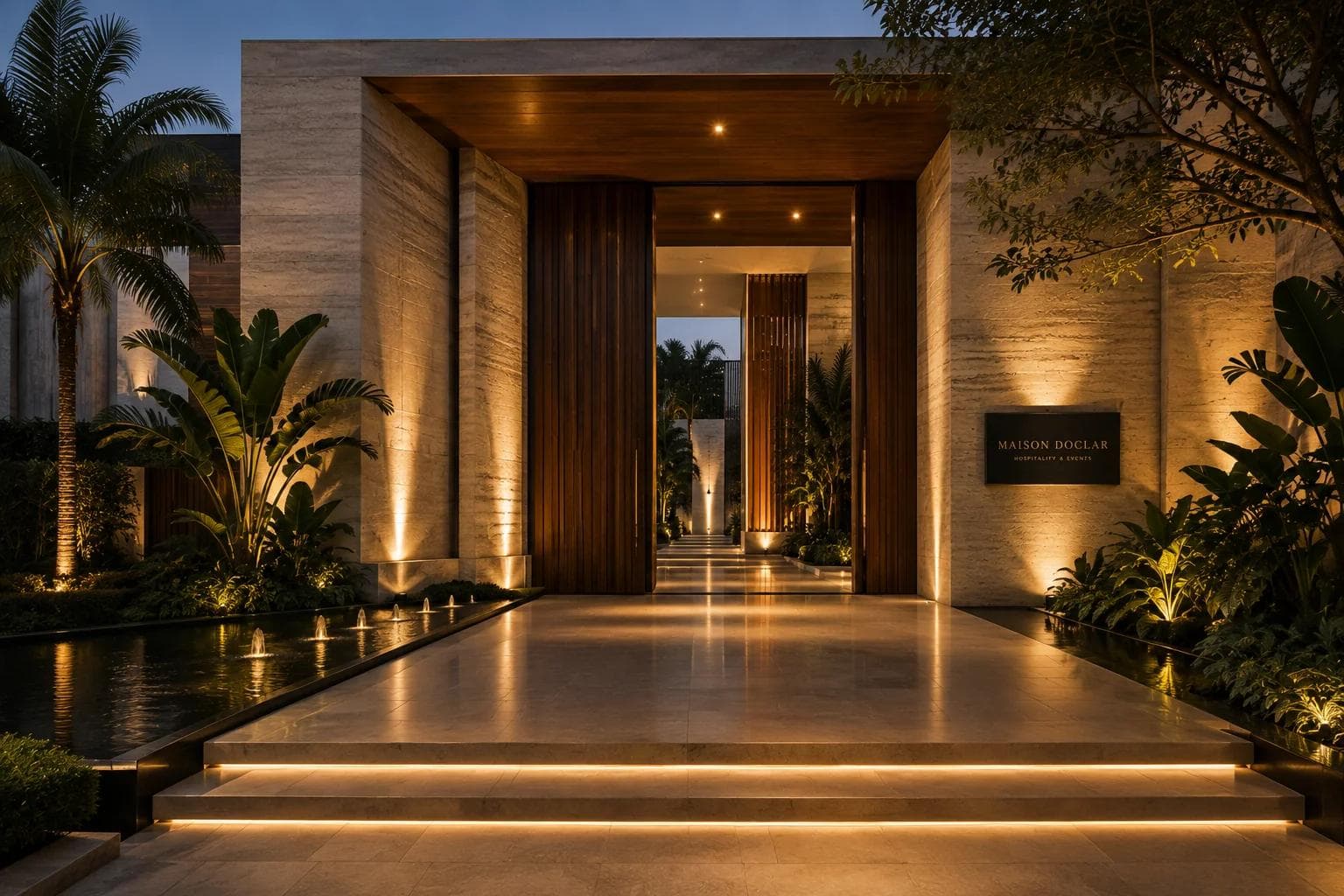 An illuminated private estate entrance with palm trees, seen through open gates at dusk.