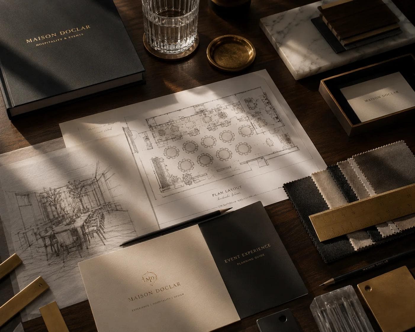 An event planner's desk with floor plan sketches, fabric swatches, and a branded notebook.