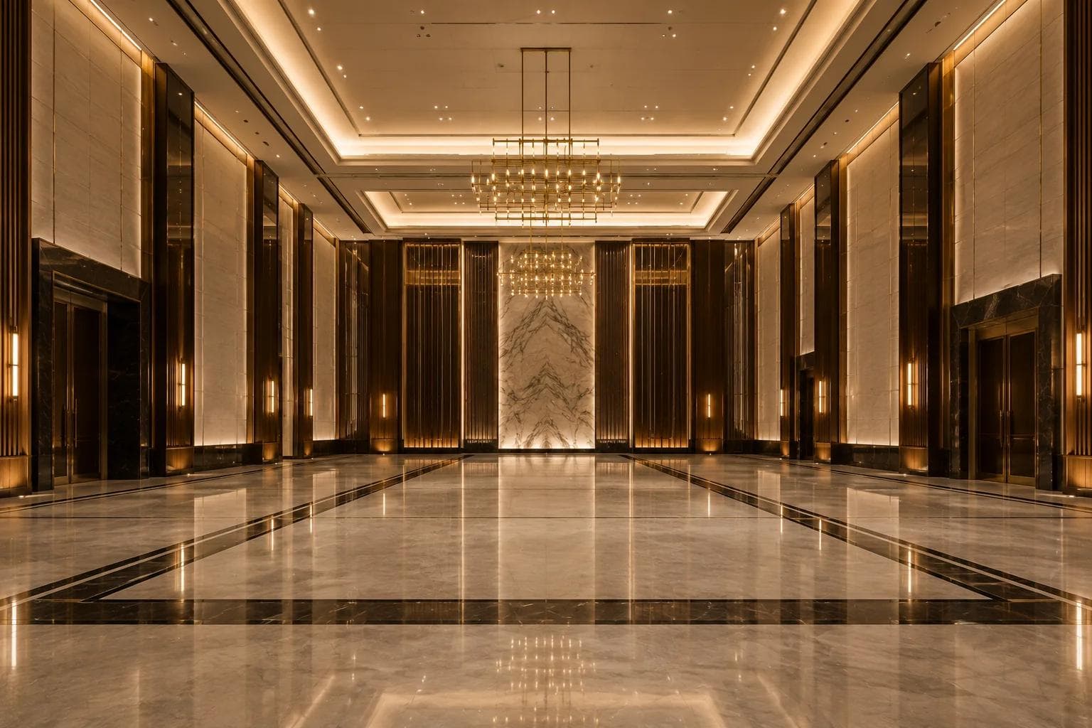 An empty marble hall with rows of ceiling lights and a large chandelier reflected in the floor.