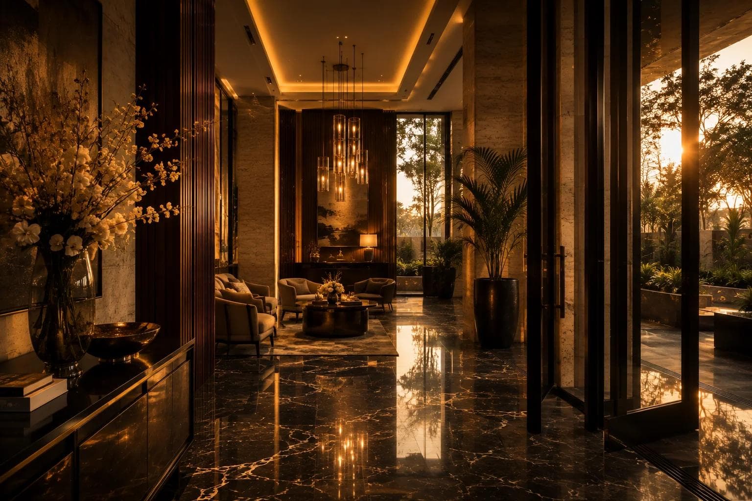 A softly lit lounge at golden hour, seating arranged around a low table with doors open to the outside.