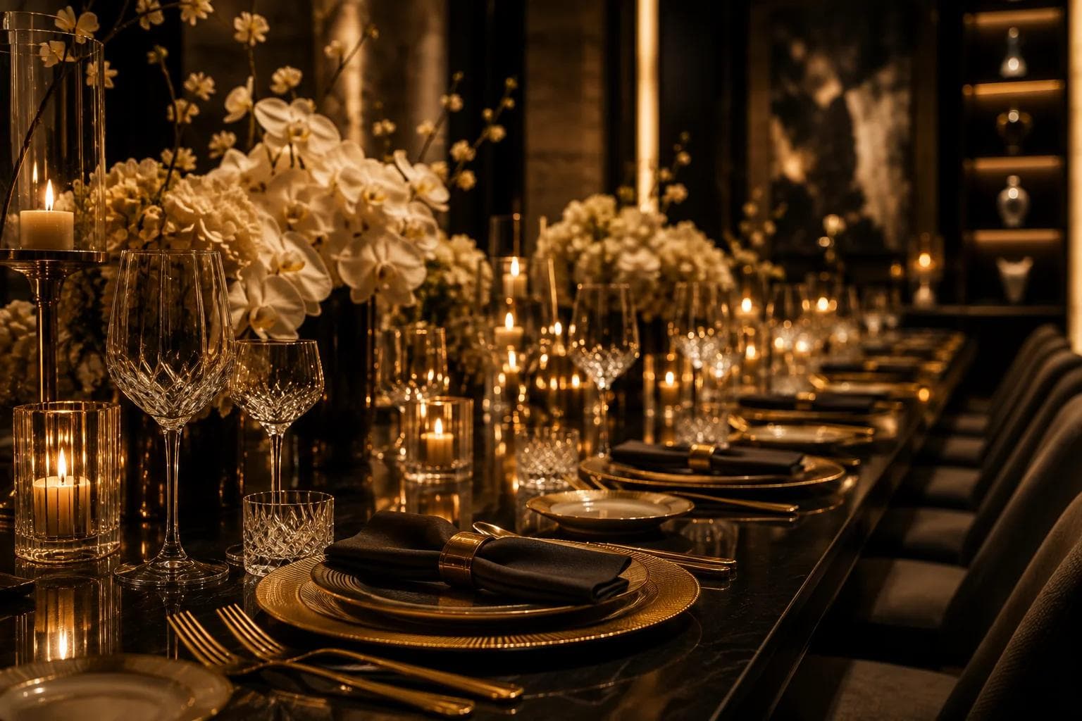 A long candlelit table set with gold place settings and cascading white orchid centerpieces.