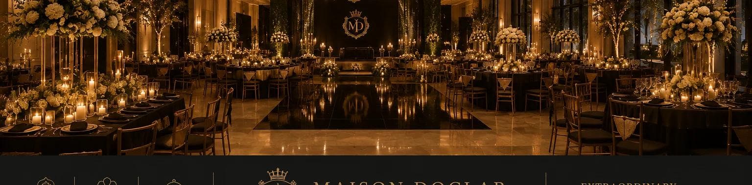 A candlelit ballroom set for dinner, with white floral arrangements on round tables.