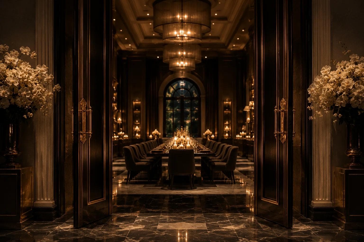 Open doors revealing a long candlelit table flanked by tall orchid arrangements.
