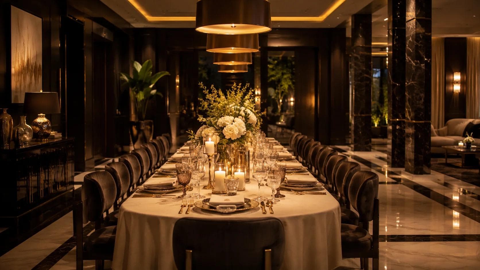 Long candlelit dining table set beneath brass pendant lamps in a dark, marble-floored dining room.