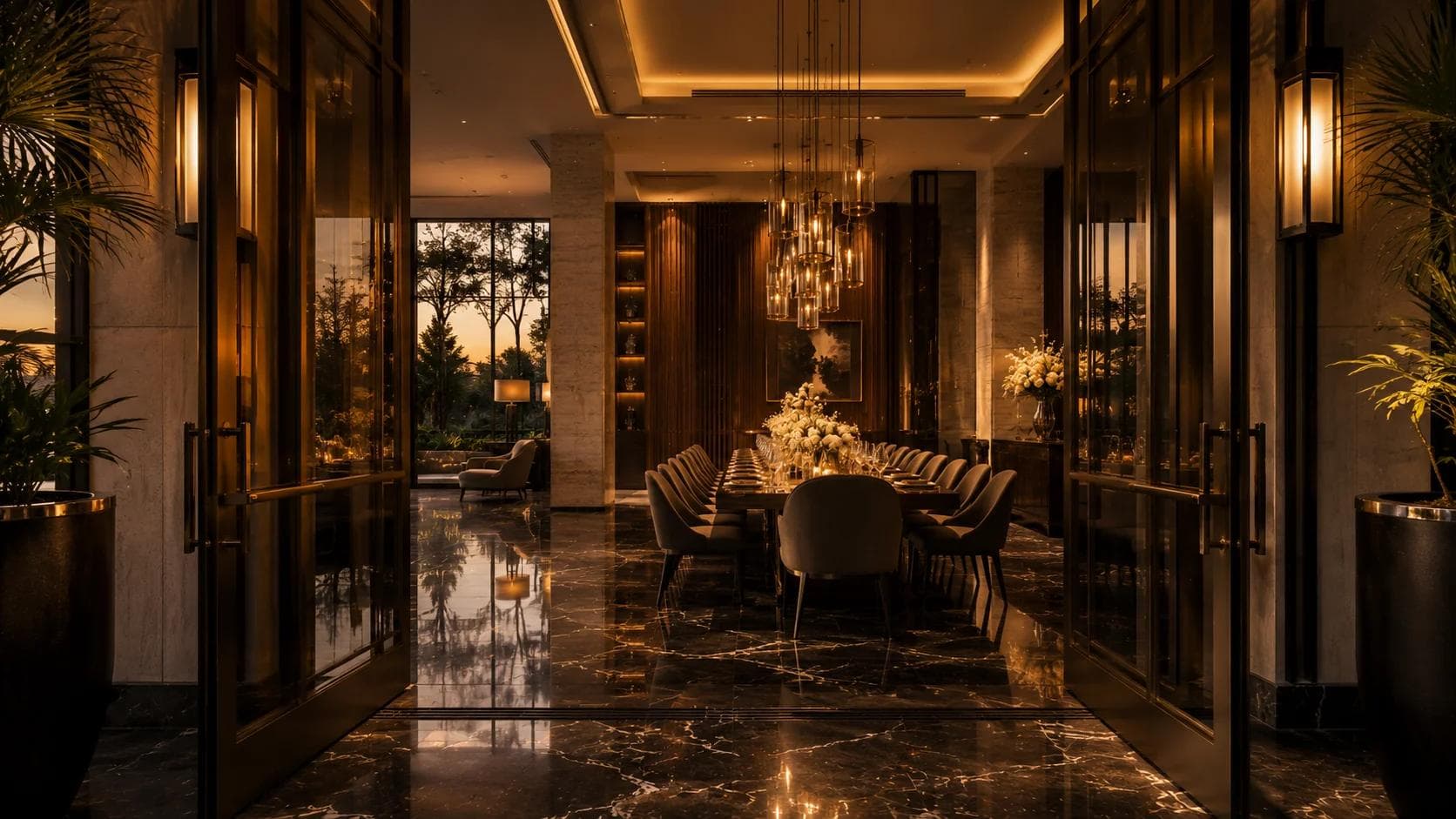 Glass doors opening onto a formal dining room at dusk, seen from a marble entryway.
