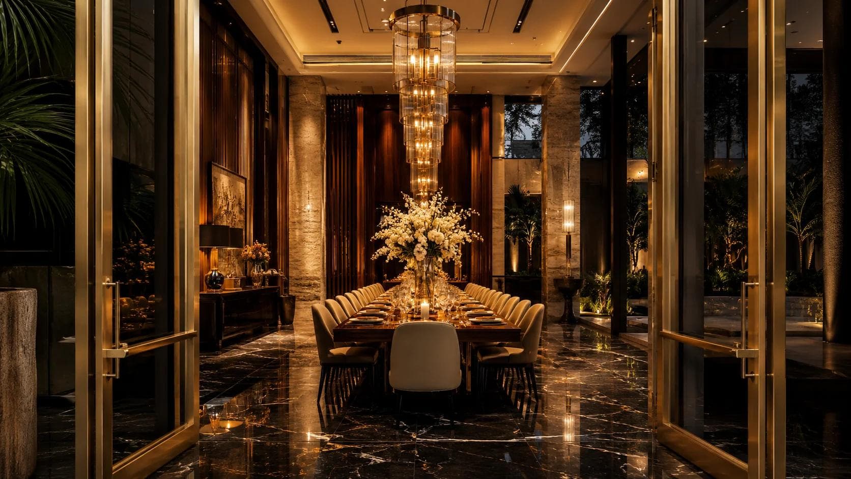 Open doors revealing a candlelit dining table beneath a tall cylindrical chandelier.