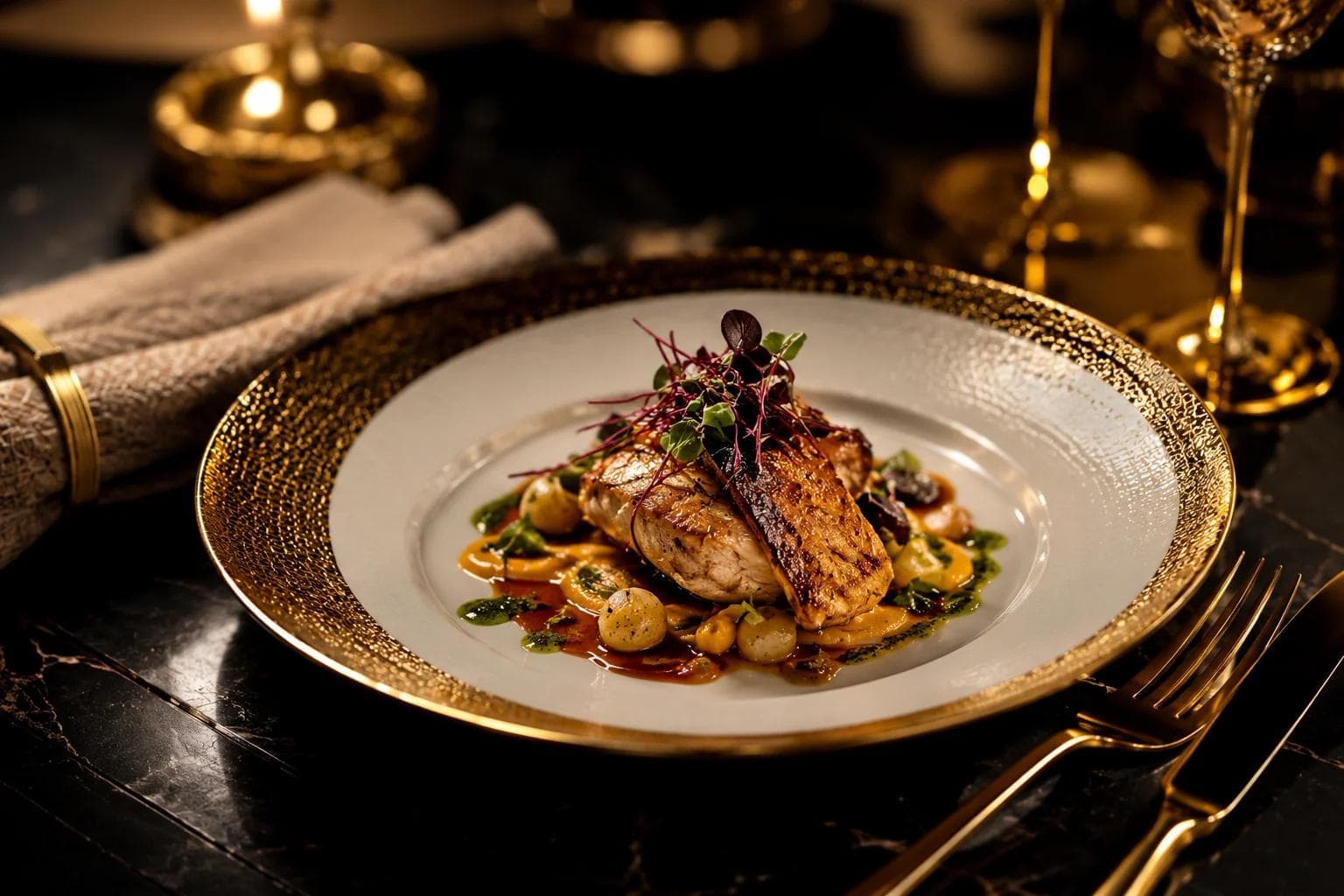 A plated dish of seared fish with vegetables on a gold-rimmed plate, set for fine dining.