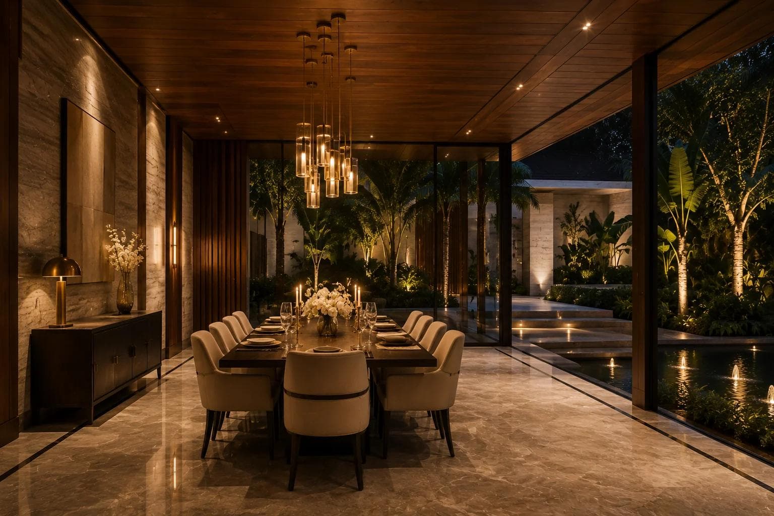 A dining pavilion opening onto a lit courtyard garden with a reflecting pool.