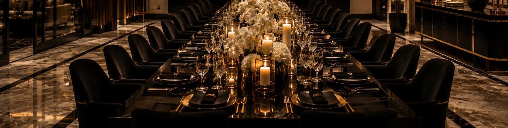 A long formal dining table set with candles and white orchids, black chairs on either side.