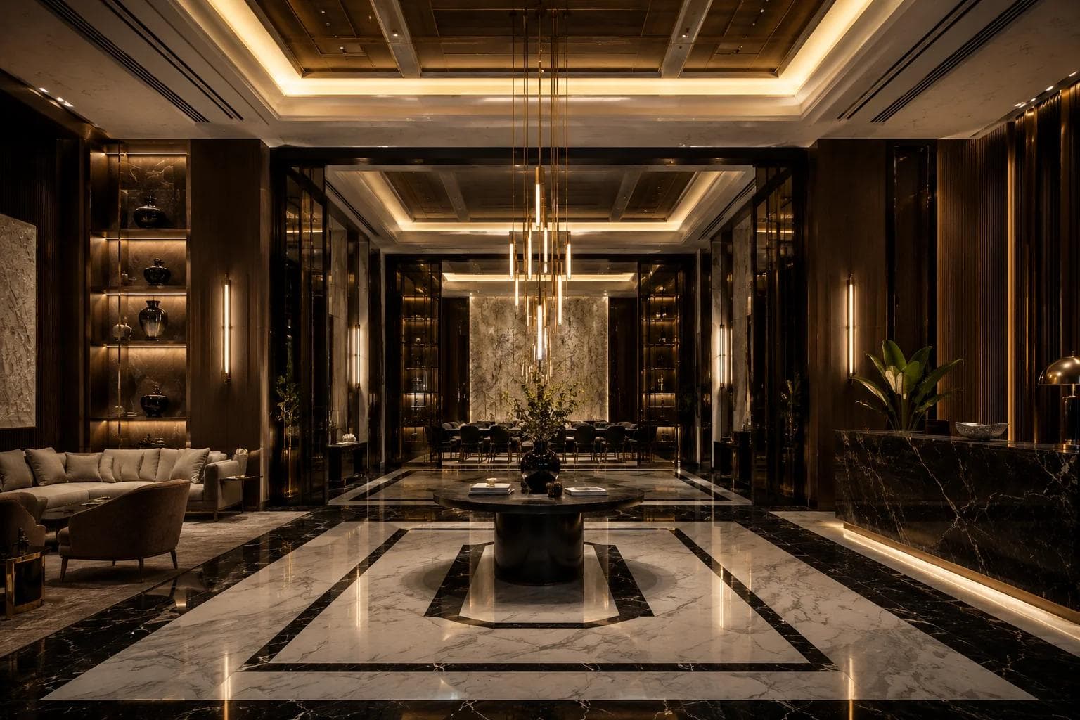A hotel-style reception lobby with marble inlay flooring and a central round table beneath a chandelier.