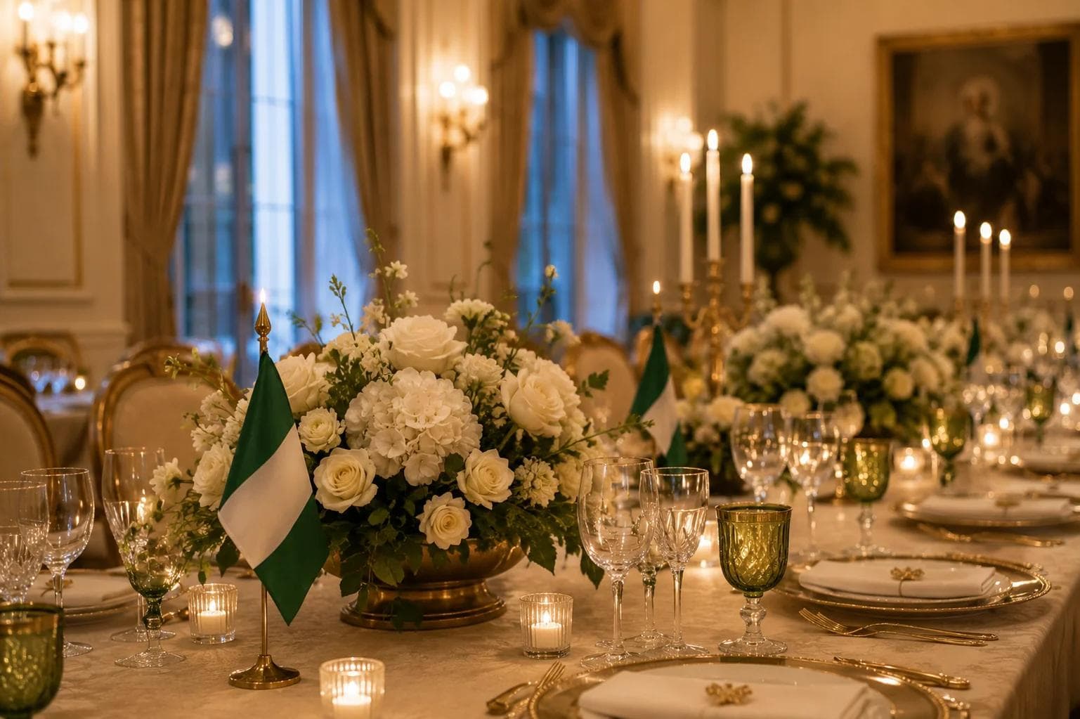 A formal state dinner table with small national flags among white floral centerpieces and candelabra.