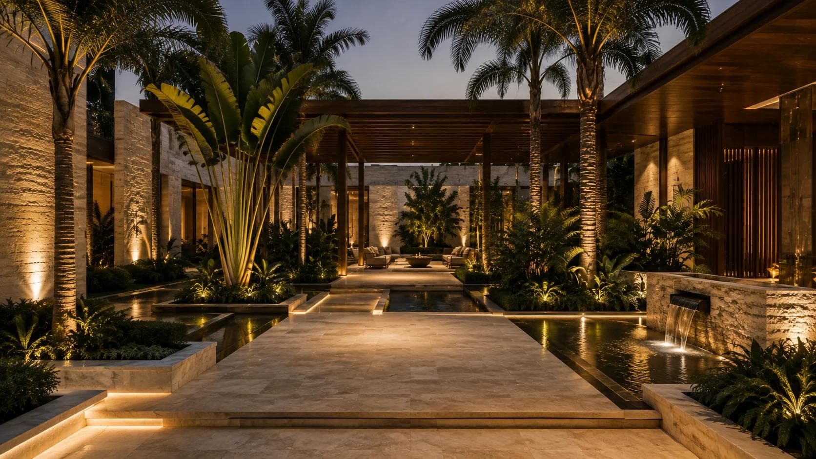 A palm-lined courtyard walkway with a reflecting pool and pergola, lit at dusk.