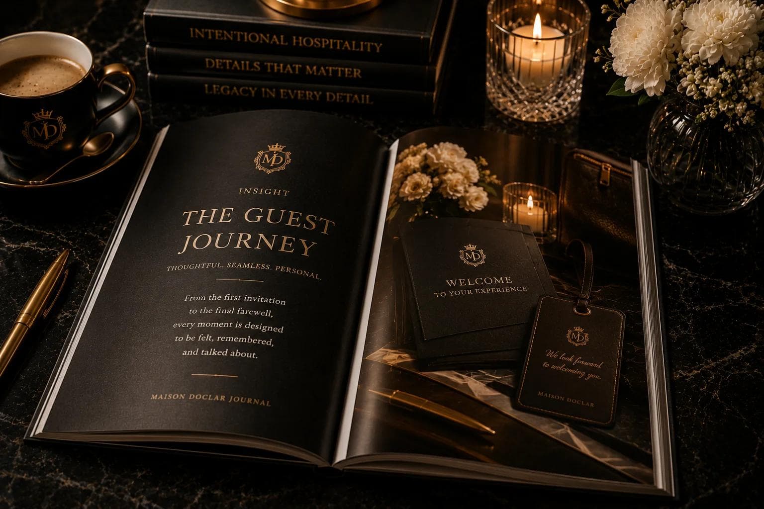 A place setting card reading 'The Guest Journey' beside a welcome card and keepsake tag.