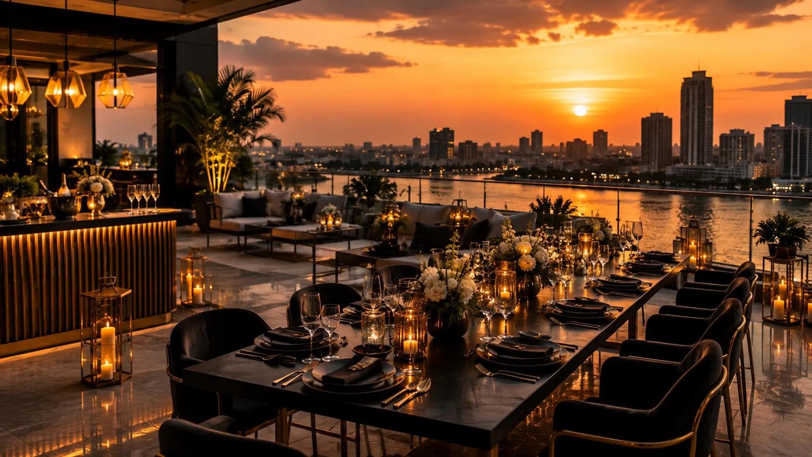 A rooftop dinner table at sunset, overlooking a city skyline and river.
